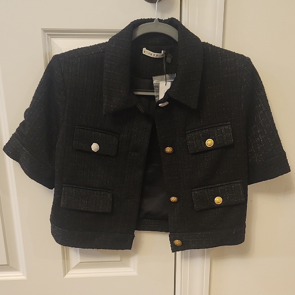 NWT Alice + Olivia Elle Cropped Tweed Jacket – Black/Gold – Size 10